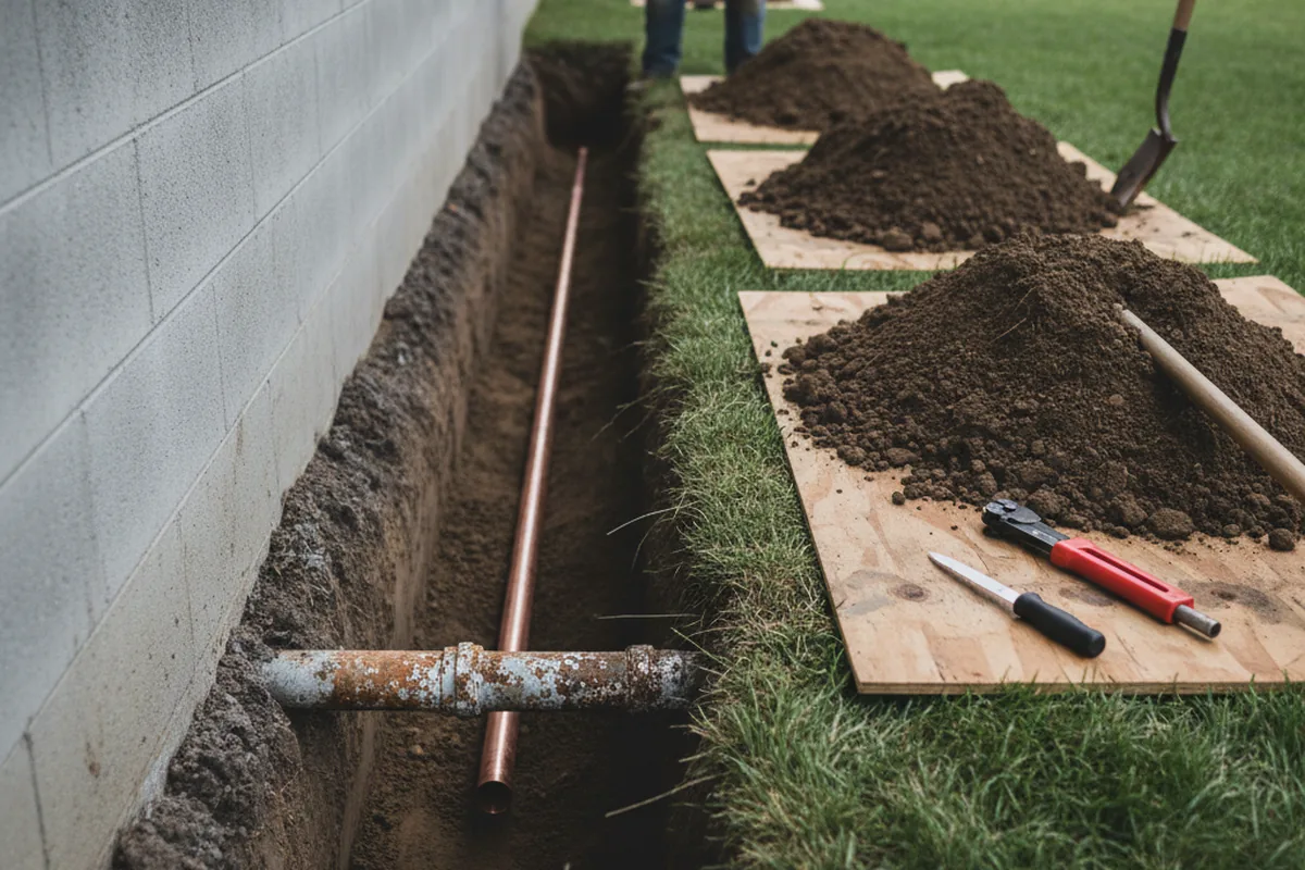 Excavated water line trench during Water Heater Repair in Sellersville